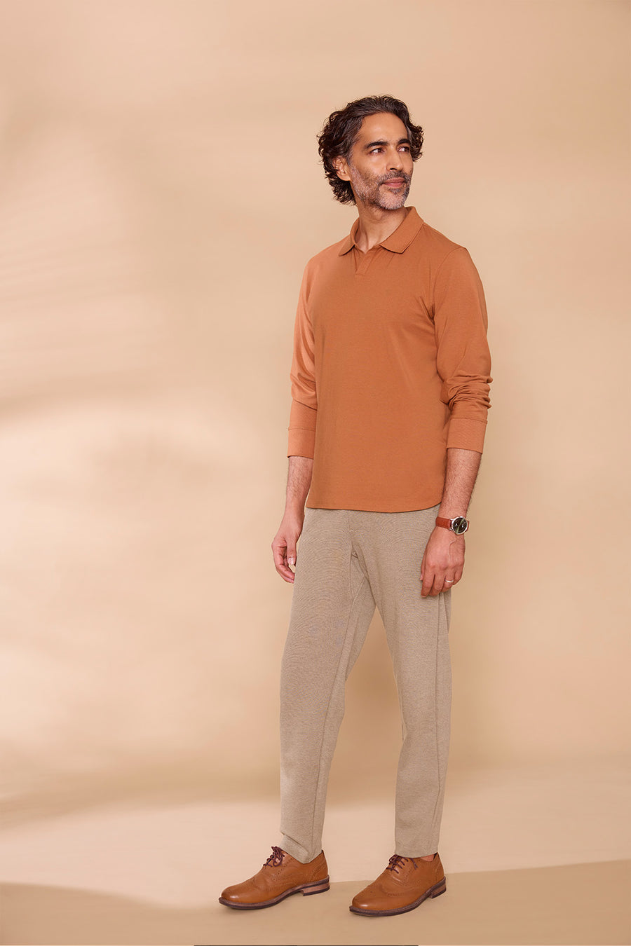 Ribbed Collar Full-Sleeved Polo Brown