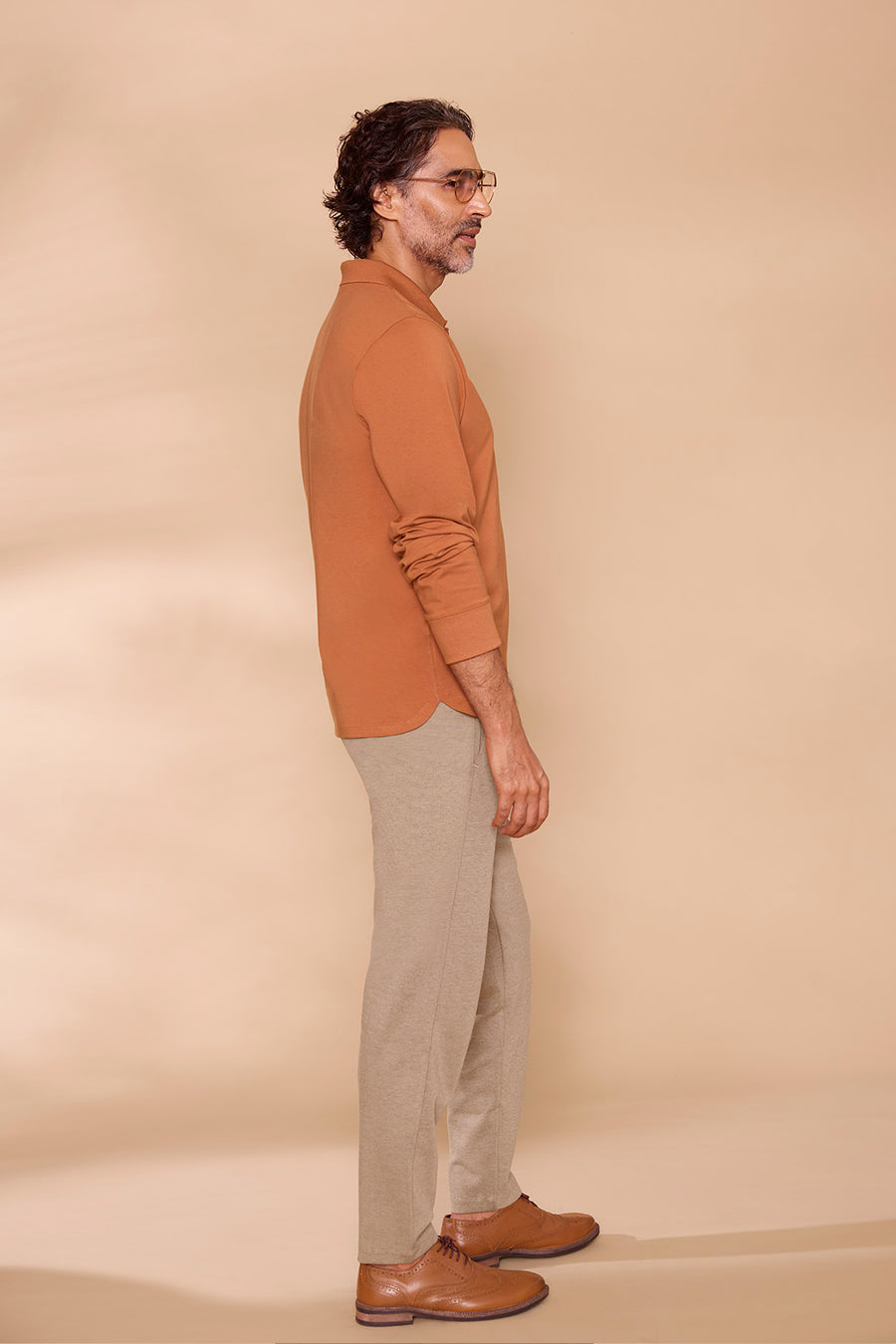 Ribbed Collar Full-Sleeved Polo Brown