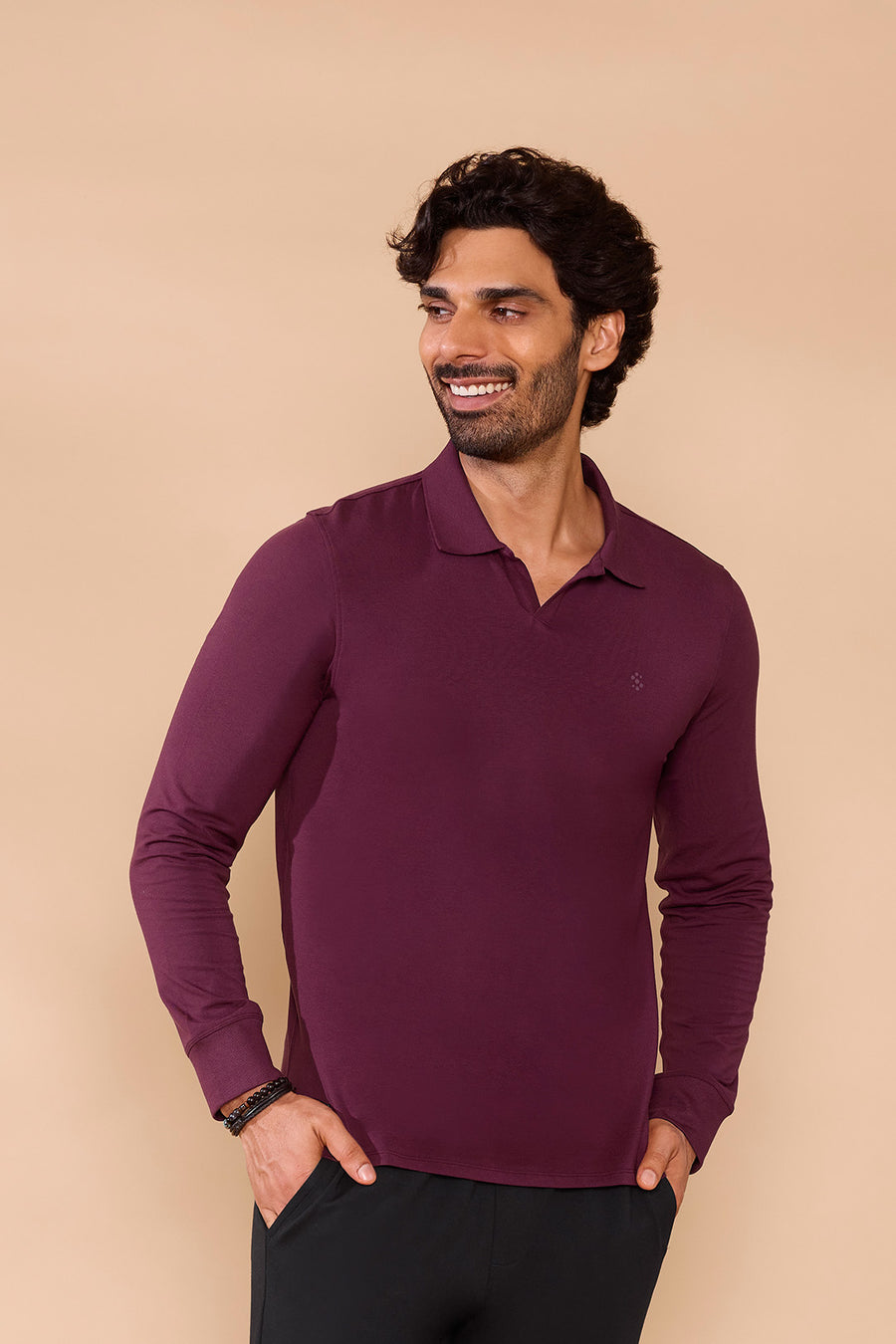 Ribbed Collar Full-Sleeved Polo Wine