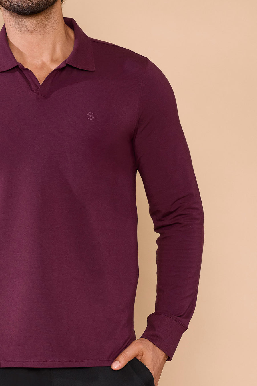 Ribbed Collar Full-Sleeved Polo Wine